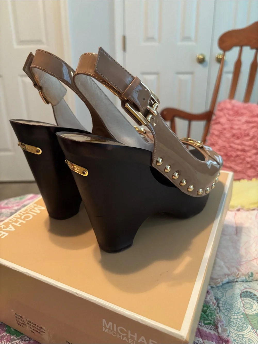 Michael Kors Tan Patent Leather Platform Slingback Sandals with Gold MK Hardware